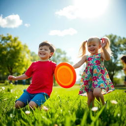 A young boy and girl playing together in a sunny park