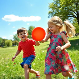 A young boy and girl playing together in a sunny park