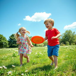 A young boy and girl playing together in a sunny park