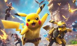 Cinematic 32k digital art featuring Pikachu from Pokémon engaged in an epic battle within the vibrant and chaotic world of Fortnite