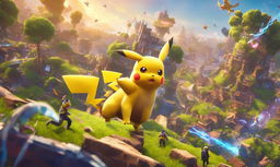 Cinematic 32k digital art featuring Pikachu from Pokémon engaged in an epic battle within the vibrant and chaotic world of Fortnite