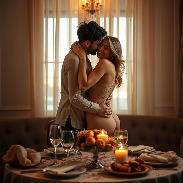 A sensual, intimate scene featuring two lovers passionately embracing on a tastefully arranged table, showcasing their affection