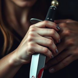 A close-up detail image of a bloody dagger held in the hand of an 18-year-old woman with fair skin and long nails