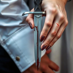 A close-up detail image of a bloody dagger held in the hand of an 18-year-old woman with fair skin and long nails