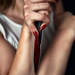 A close-up detail image of a bloody dagger held in the hand of an 18-year-old woman with fair skin and long nails