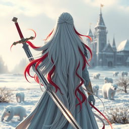 A mesmerizing central composition featuring a fantastic princess with long, flowing white hair enhanced with vibrant red streaks, seen from the back