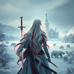 A mesmerizing central composition featuring a fantastic princess with long, flowing white hair enhanced with vibrant red streaks, seen from the back