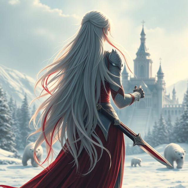 A mesmerizing central composition featuring a fantastic princess with long, flowing white hair enhanced with vibrant red streaks, seen from the back