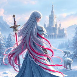 A mesmerizing central composition featuring a fantastic princess with long, flowing white hair enhanced with vibrant red streaks, seen from the back