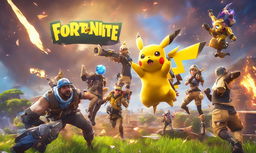 Cinematic 32k digital art featuring Pikachu from Pokémon engaged in an epic battle within the vibrant and chaotic world of Fortnite