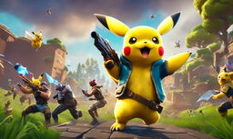 Cinematic 32k digital art featuring Pikachu engaged in an epic battle within the vibrant and chaotic world of Fortnite.