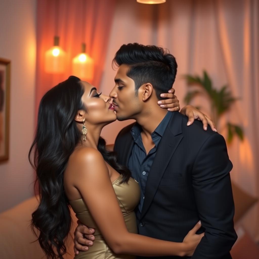 A captivating scene featuring a confident, hot Indian woman with big breasts, passionately kissing her loving husband