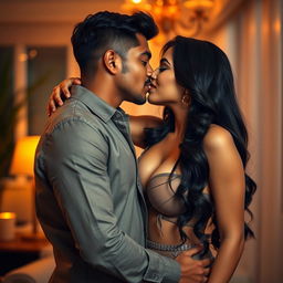A captivating scene featuring a confident, hot Indian woman with big breasts, passionately kissing her loving husband