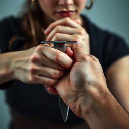 A young woman holding a bloody dagger while a man's hand is gently grasping her wrist, signifying connection and tension