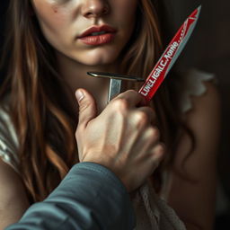 A young woman holding a bloody dagger while a man's hand is gently grasping her wrist, signifying connection and tension