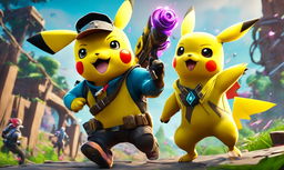 Cinematic 32k digital art featuring Pikachu engaged in an epic battle within the vibrant and chaotic world of Fortnite.