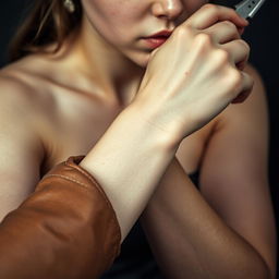 A young woman holding a bloody dagger while a man's hand is gently grasping her wrist, signifying connection and tension
