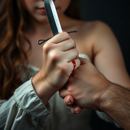 A young woman holding a bloody dagger while a man's hand is gently grasping her wrist, signifying connection and tension