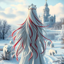 A captivating central composition featuring a fantastic princess with long, flowing white hair adorned with striking red streaks, seen from the back