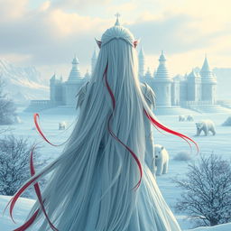 A captivating central composition featuring a fantastic princess with long, flowing white hair adorned with striking red streaks, seen from the back