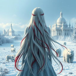 A captivating central composition featuring a fantastic princess with long, flowing white hair adorned with striking red streaks, seen from the back