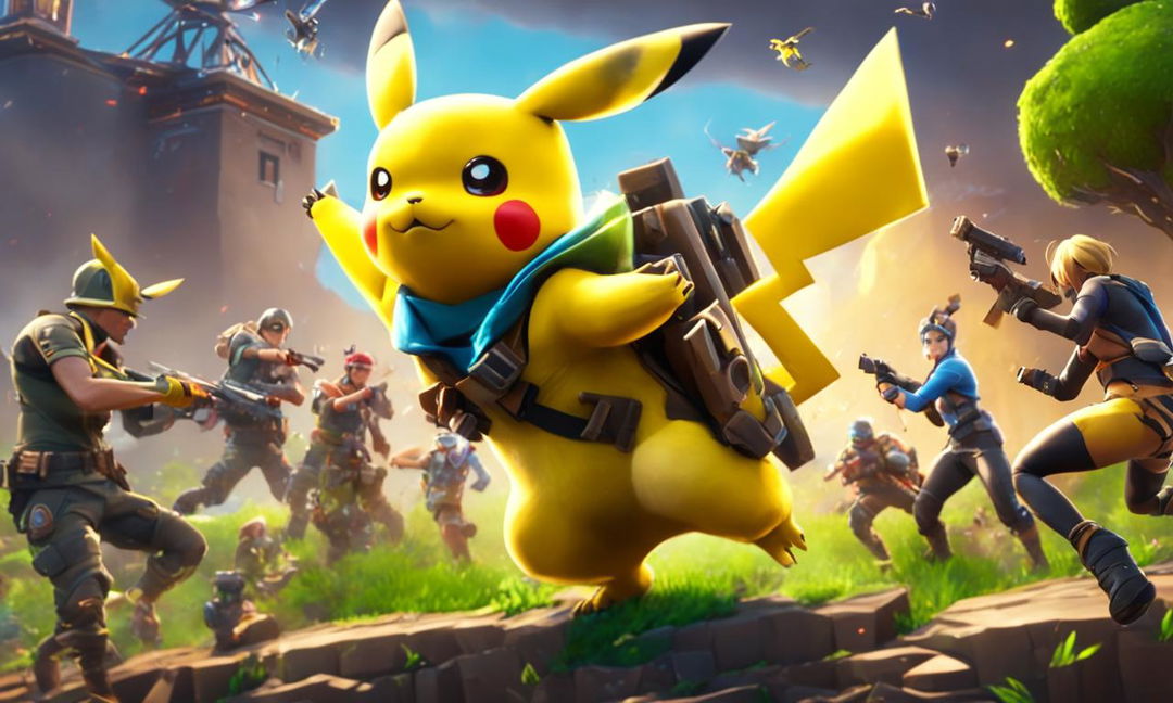 Cinematic 32k digital art featuring Pikachu engaged in an epic battle within the vibrant and chaotic world of Fortnite.