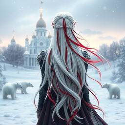 A captivating central composition featuring a fantastic princess with long, flowing white hair adorned with striking red streaks, seen from the back