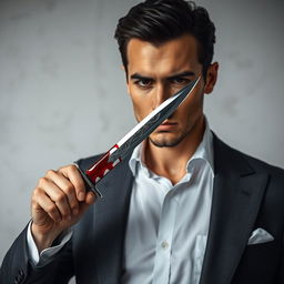 An elegant man holding a dagger that is dripping with blood, set against a raw grayish-white background
