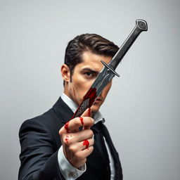 An elegant man holding a dagger that is dripping with blood, set against a raw grayish-white background