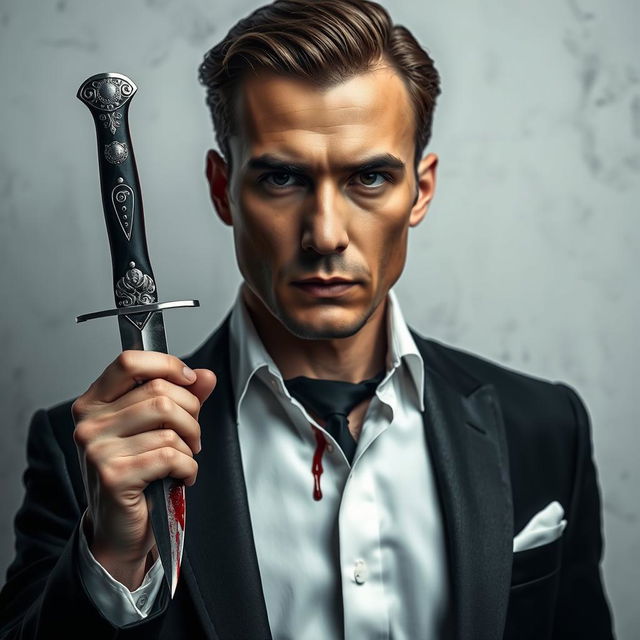 An elegant man holding a dagger that is dripping with blood, set against a raw grayish-white background