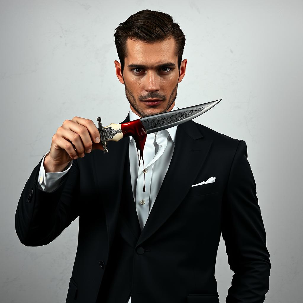 An elegant man holding a dagger that is dripping with blood, set against a raw grayish-white background