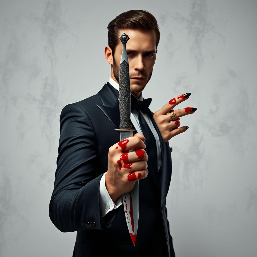 An elegant man holding a dagger, surrounded by the hand of a woman, both covered in blood, set against a raw grayish-white background