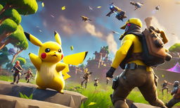 Cinematic 32k digital art featuring Pikachu engaged in an epic battle within the vibrant and chaotic world of Fortnite.