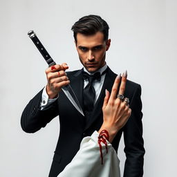 An elegant man holding a dagger, surrounded by the hand of a woman, both covered in blood, set against a raw grayish-white background