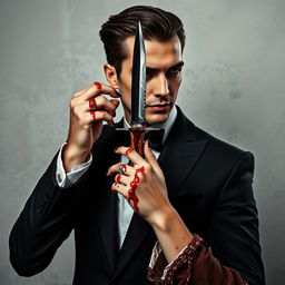 An elegant man holding a dagger, surrounded by the hand of a woman, both covered in blood, set against a raw grayish-white background