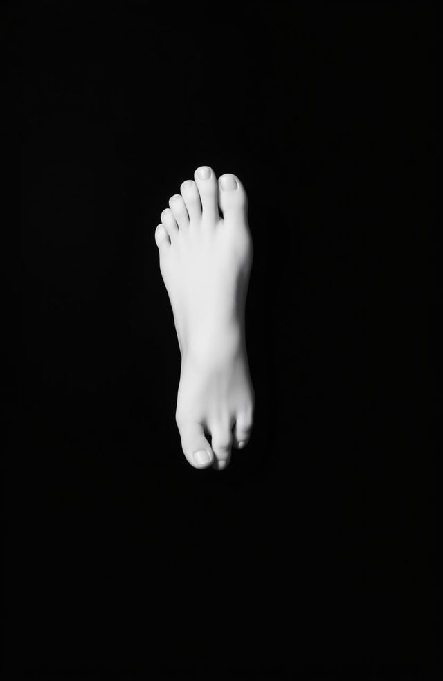 A striking design featuring a bold black theme as the background, with a prominently displayed white foot in the center