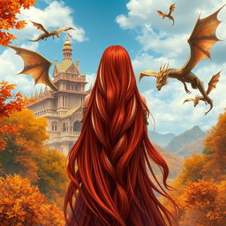 An enchanting central composition featuring a fantastic princess with long, flowing red hair that has striking white streaks, seen from the back