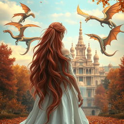 An enchanting central composition featuring a fantastic princess with long, flowing red hair that has striking white streaks, seen from the back