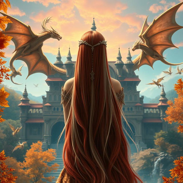 An enchanting central composition featuring a fantastic princess with long, flowing red hair that has striking white streaks, seen from the back