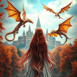 An enchanting central composition featuring a fantastic princess with long, flowing red hair that has striking white streaks, seen from the back