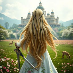 A stunning central composition featuring a fantastic princess with long, flowing blonde hair accented with striking black streaks, seen from the back