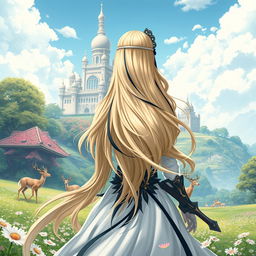 A stunning central composition featuring a fantastic princess with long, flowing blonde hair accented with striking black streaks, seen from the back