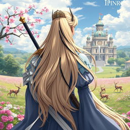 A stunning central composition featuring a fantastic princess with long, flowing blonde hair accented with striking black streaks, seen from the back