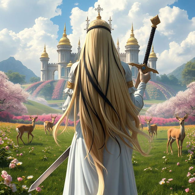 A stunning central composition featuring a fantastic princess with long, flowing blonde hair accented with striking black streaks, seen from the back