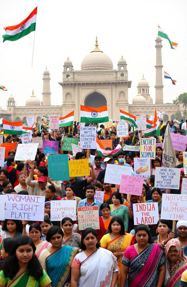 An informative and engaging representation of social movements in India, showcasing diverse groups of people from different backgrounds, genders, and ethnicities coming together to advocate for various social causes like women's rights, environmental issues, caste equality, and labor rights