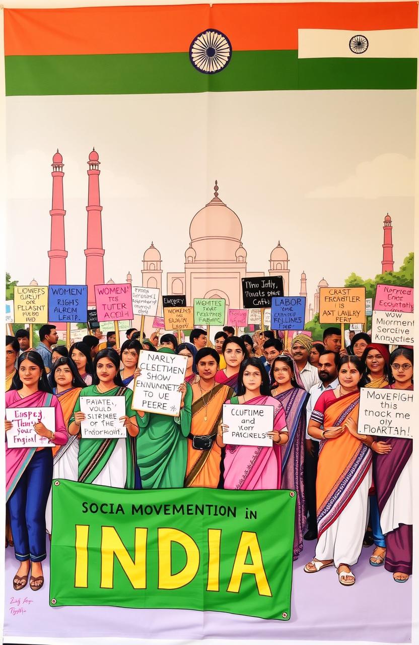 An informative and engaging representation of social movements in India, showcasing diverse groups of people from different backgrounds, genders, and ethnicities coming together to advocate for various social causes like women's rights, environmental issues, caste equality, and labor rights