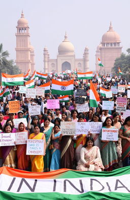 An informative and engaging representation of social movements in India, showcasing diverse groups of people from different backgrounds, genders, and ethnicities coming together to advocate for various social causes like women's rights, environmental issues, caste equality, and labor rights