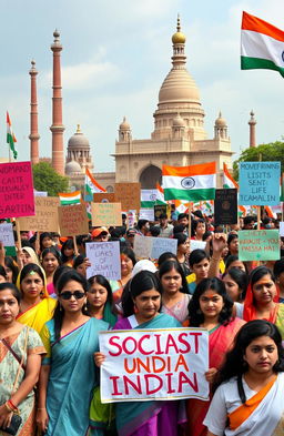 An informative and engaging representation of social movements in India, showcasing diverse groups of people from different backgrounds, genders, and ethnicities coming together to advocate for various social causes like women's rights, environmental issues, caste equality, and labor rights