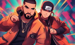 Digital art portrait of rapper Drake in Naruto-style attire performing hand seals against a vibrant background.