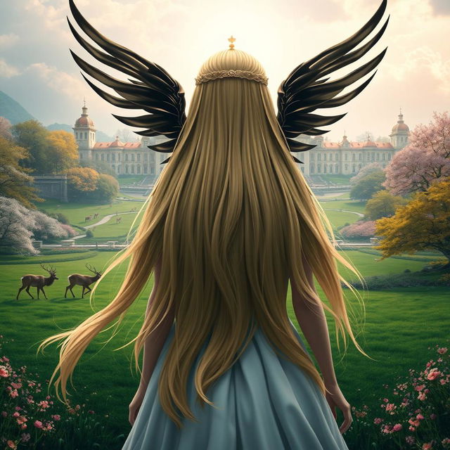 A breathtaking central composition featuring a fantastic princess with long, flowing blonde hair highlighted by striking black streaks, seen from the back